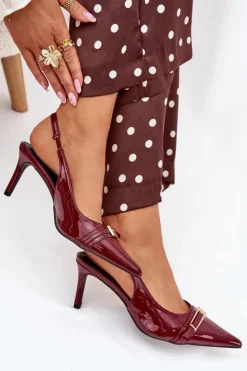 Boto Szpilki Lakierowane|Czółenka Klasyczne*Lakierowane Czółenka Na Szpilce Ze Złotą Klamrą Bordowe Vivae Czerwony
