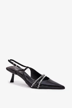 Clearance Boto Lakierowane Czółenka Na Szpilce Z Ozdobnymi Paskami Czarne Jelmia