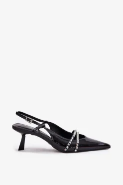 Clearance Boto Lakierowane Czółenka Na Szpilce Z Ozdobnymi Paskami Czarne Jelmia