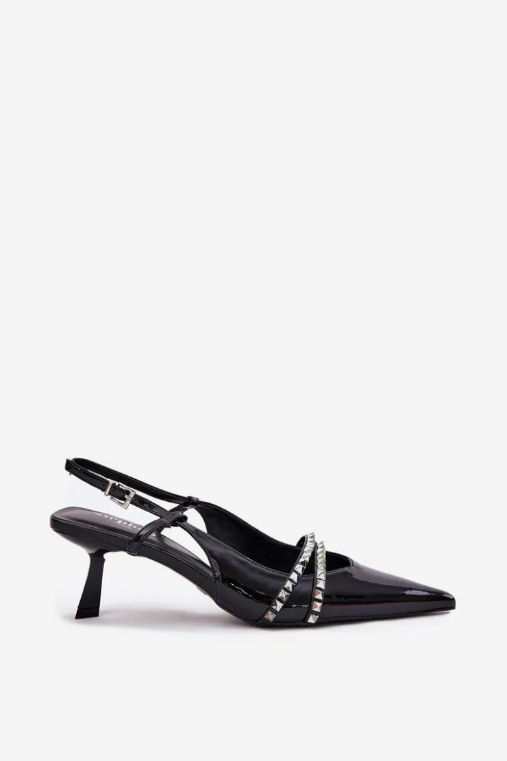 Clearance Boto Lakierowane Czółenka Na Szpilce Z Ozdobnymi Paskami Czarne Jelmia