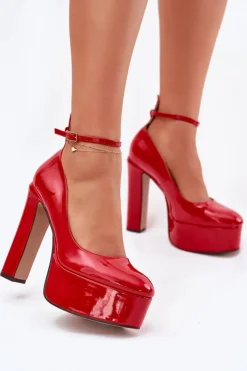 Damskie Boto Lakierowane Czółenka Na Wysokim Słupku I Platformie Czerwone Nianka