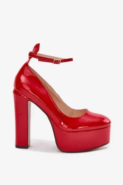 Damskie Boto Lakierowane Czółenka Na Wysokim Słupku I Platformie Czerwone Nianka