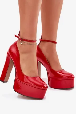 Damskie Boto Lakierowane Czółenka Na Wysokim Słupku I Platformie Czerwone Nianka