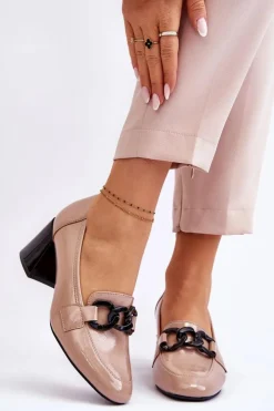 Buty damskie Vinceza Czółenka Na Słupku|Czółenka Klasyczne*Lakierowane Czółenka Z Łańcuchem Beżowe Keilani
