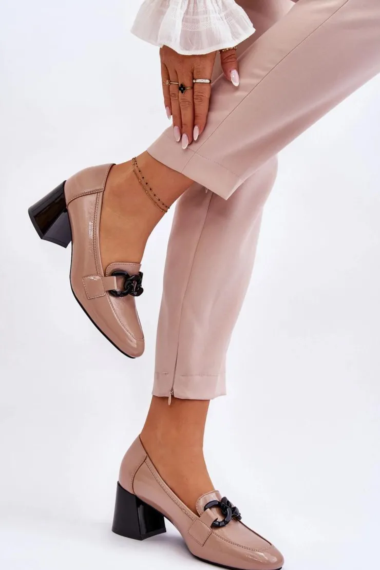 Buty damskie Vinceza Czółenka Na Słupku|Czółenka Klasyczne*Lakierowane Czółenka Z Łańcuchem Beżowe Keilani