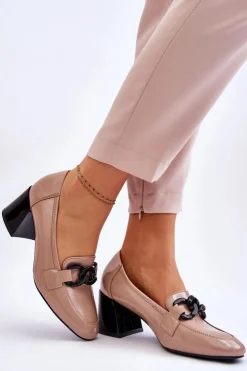 Buty damskie Vinceza Czółenka Na Słupku|Czółenka Klasyczne*Lakierowane Czółenka Z Łańcuchem Beżowe Keilani