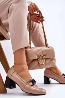 Buty damskie Vinceza Czółenka Na Słupku|Czółenka Klasyczne*Lakierowane Czółenka Z Łańcuchem Beżowe Keilani
