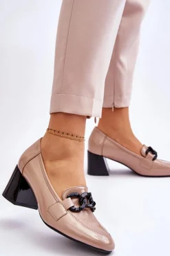 Buty damskie Vinceza Czółenka Na Słupku|Czółenka Klasyczne*Lakierowane Czółenka Z Łańcuchem Beżowe Keilani