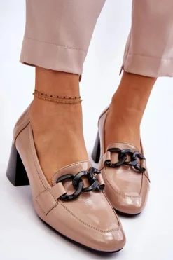 Buty damskie Vinceza Czółenka Na Słupku|Czółenka Klasyczne*Lakierowane Czółenka Z Łańcuchem Beżowe Keilani