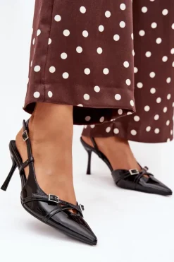 New Boto Lakierowane Czółenka Z Odkrytą Piętą I Paseczkami Czarne Ravira Czarny