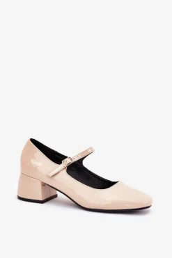 Outlet Boto Lakierowane Czółenka Z Paskiem I Sprzączką Beżowe Savilae