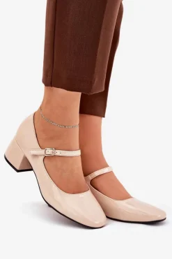 Outlet Boto Lakierowane Czółenka Z Paskiem I Sprzączką Beżowe Savilae
