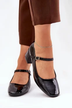 Damskie Boto Lakierowane Czółenka Z Paskiem I Sprzączką Czarne Savilae