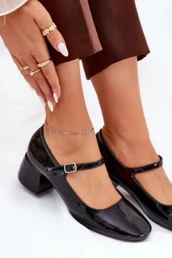 Damskie Boto Lakierowane Czółenka Z Paskiem I Sprzączką Czarne Savilae