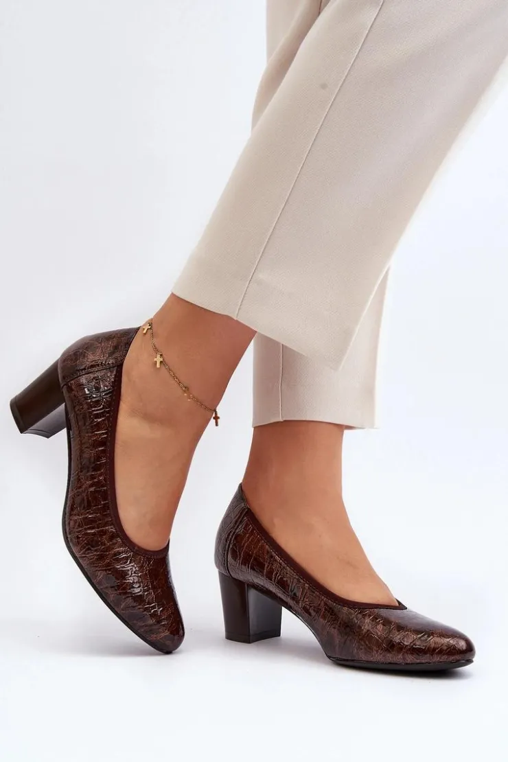 Buty damskie Vinceza Czółenka Na Słupku|Czółenka Klasyczne*Lakierowane Czółenka Z Tłoczeniem Brązowe Cynania