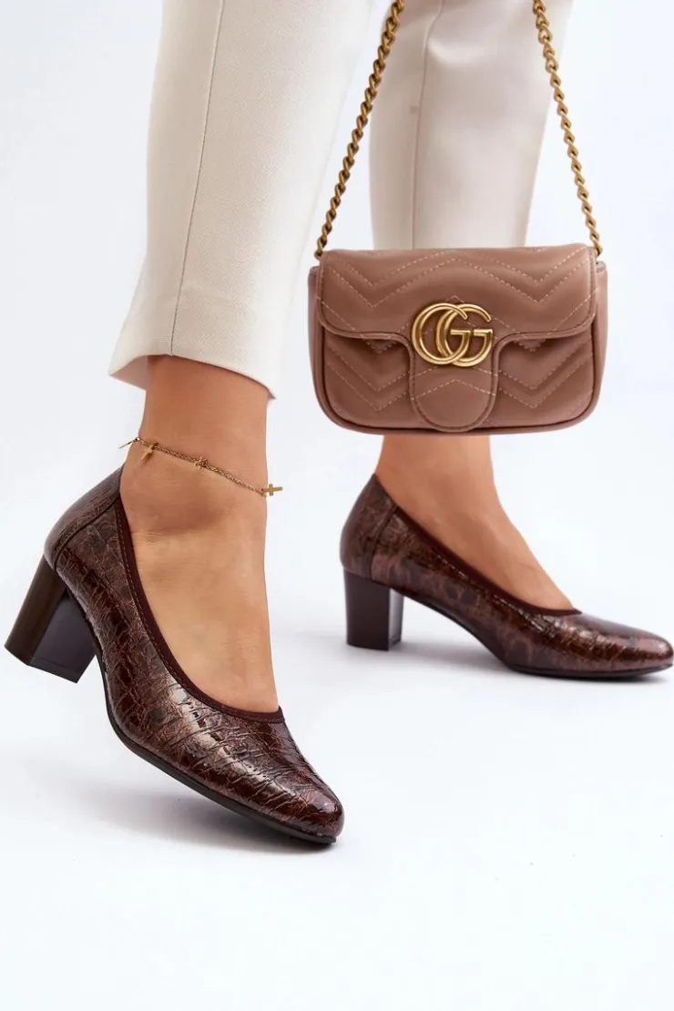 Buty damskie Vinceza Czółenka Na Słupku|Czółenka Klasyczne*Lakierowane Czółenka Z Tłoczeniem Brązowe Cynania