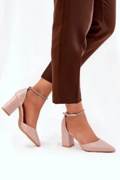 Damskie Boto Lakierowane Czółenka Ze Szpiczastymi Noskami Na Słupku Beżowe Nossabel