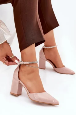 Damskie Boto Lakierowane Czółenka Ze Szpiczastymi Noskami Na Słupku Beżowe Nossabel