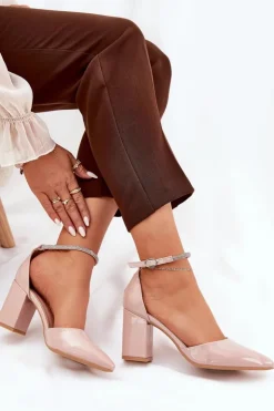 Damskie Boto Lakierowane Czółenka Ze Szpiczastymi Noskami Na Słupku Beżowe Nossabel