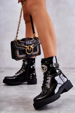 Damskie Boto Lakierowane Damskie Botki Z Ćwiekami Czarne Leticia
