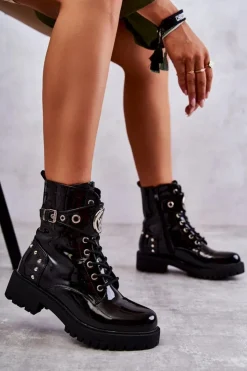 Damskie Boto Lakierowane Damskie Botki Z Ćwiekami Czarne Leticia