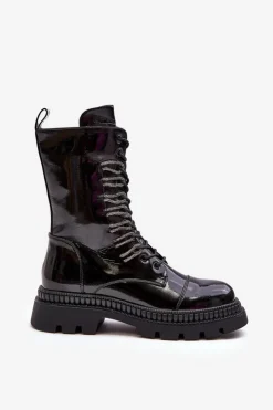 Damskie Damskie buty S.Barski Lakierowane Damskie Botki Workery Sznurowane Czarne S.Barski MR870-72