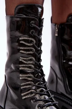 Damskie Damskie buty S.Barski Lakierowane Damskie Botki Workery Sznurowane Czarne S.Barski MR870-72