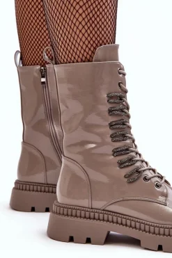 Best Damskie buty S.Barski Lakierowane Damskie Botki Workery Sznurowane Ciemnobeżowe S.Barski MR870-72