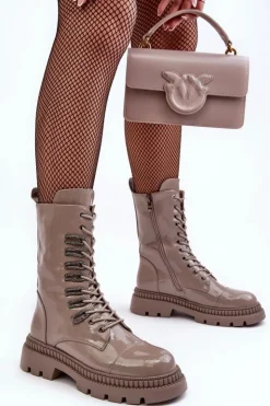 Best Damskie buty S.Barski Lakierowane Damskie Botki Workery Sznurowane Ciemnobeżowe S.Barski MR870-72