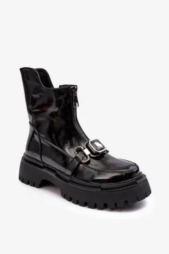 Damskie buty S.Barski Botki Ocieplane|Botki Zimowe Damskie*Lakierowane Damskie Botki Na Suwak D&A MR870-94 Czarne