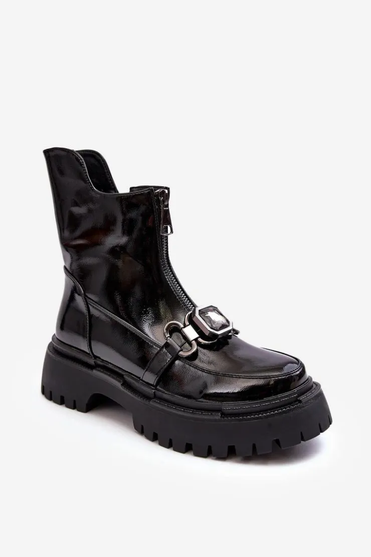 Damskie buty S.Barski Botki Ocieplane|Botki Zimowe Damskie*Lakierowane Damskie Botki Na Suwak D&A MR870-94 Czarne