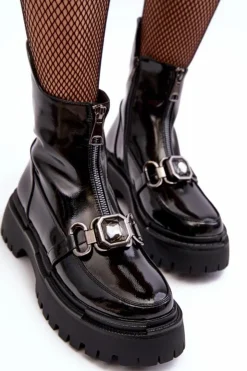 Damskie buty S.Barski Botki Ocieplane|Botki Zimowe Damskie*Lakierowane Damskie Botki Na Suwak D&A MR870-94 Czarne