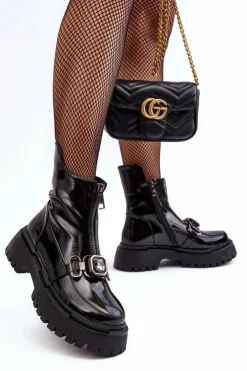 Damskie buty S.Barski Botki Ocieplane|Botki Zimowe Damskie*Lakierowane Damskie Botki Na Suwak D&A MR870-94 Czarne