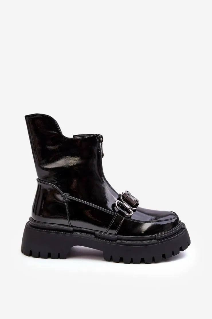 Damskie buty S.Barski Botki Ocieplane|Botki Zimowe Damskie*Lakierowane Damskie Botki Na Suwak D&A MR870-94 Czarne