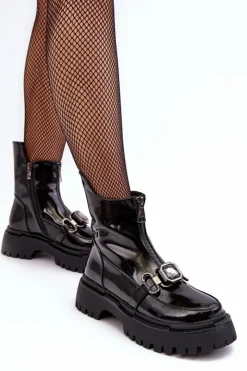 Damskie buty S.Barski Botki Ocieplane|Botki Zimowe Damskie*Lakierowane Damskie Botki Na Suwak D&A MR870-94 Czarne