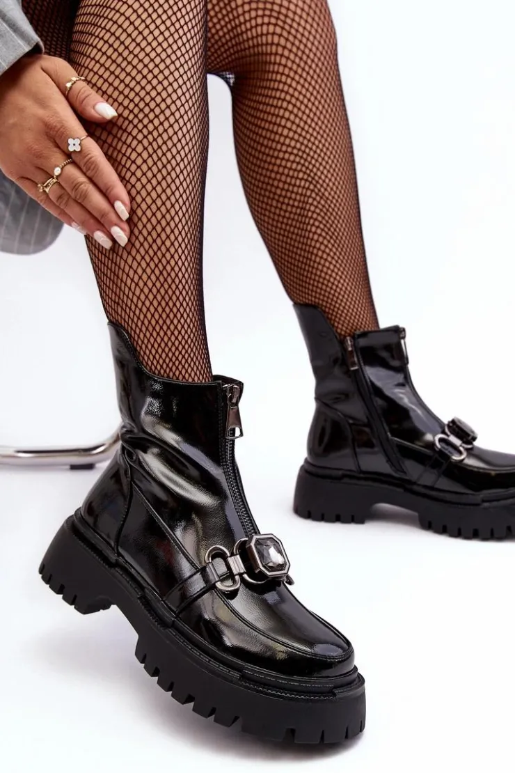 Damskie buty S.Barski Botki Ocieplane|Botki Zimowe Damskie*Lakierowane Damskie Botki Na Suwak D&A MR870-94 Czarne