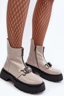 Damskie Damskie buty S.Barski Lakierowane Damskie Botki Na Suwak D&A MR870-94 Jasnoszare