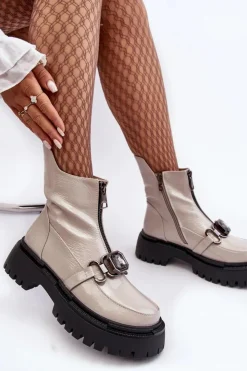 Damskie Damskie buty S.Barski Lakierowane Damskie Botki Na Suwak D&A MR870-94 Jasnoszare