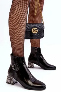 Damskie Damskie buty S.Barski Lakierowane Damskie Botki Na Zdobionym Obcasie D&A MR870-93 Czarne