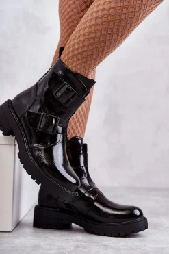 Damskie Boto Lakierowane Damskie Botki Na Suwak Czarne Gritta