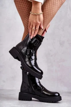 Damskie Boto Lakierowane Damskie Botki Na Suwak Czarne Gritta