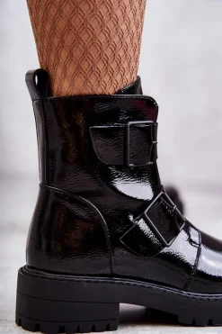 Damskie Boto Lakierowane Damskie Botki Na Suwak Czarne Gritta