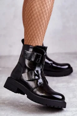 Damskie Boto Lakierowane Damskie Botki Na Suwak Czarne Gritta