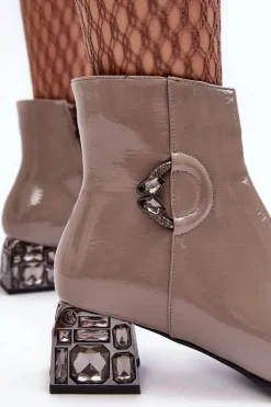 Damskie buty S.Barski Botki Na Słupku|Botki Zimowe Damskie*Lakierowane Damskie Botki Na Zdobionym Obcasie D&A MR870-93 Szare