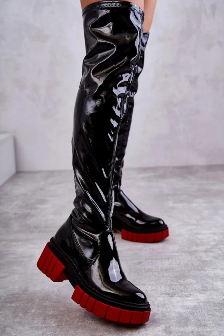 Damskie Boto Lakierowane Damskie Kozaki Za Kolano Czarne Callen