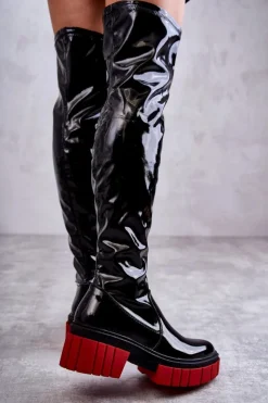 Damskie Boto Lakierowane Damskie Kozaki Za Kolano Czarne Callen