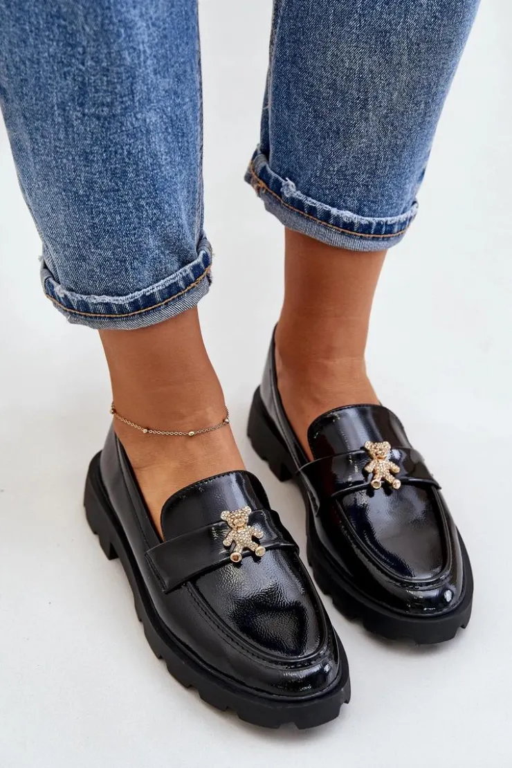 Online Boto Lakierowane Damskie Mokasyny Z Misiem Czarne Kaithra