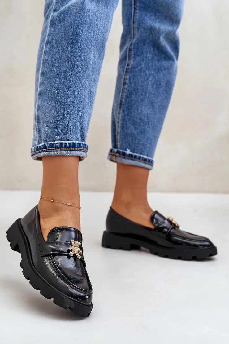 Online Boto Lakierowane Damskie Mokasyny Z Misiem Czarne Kaithra