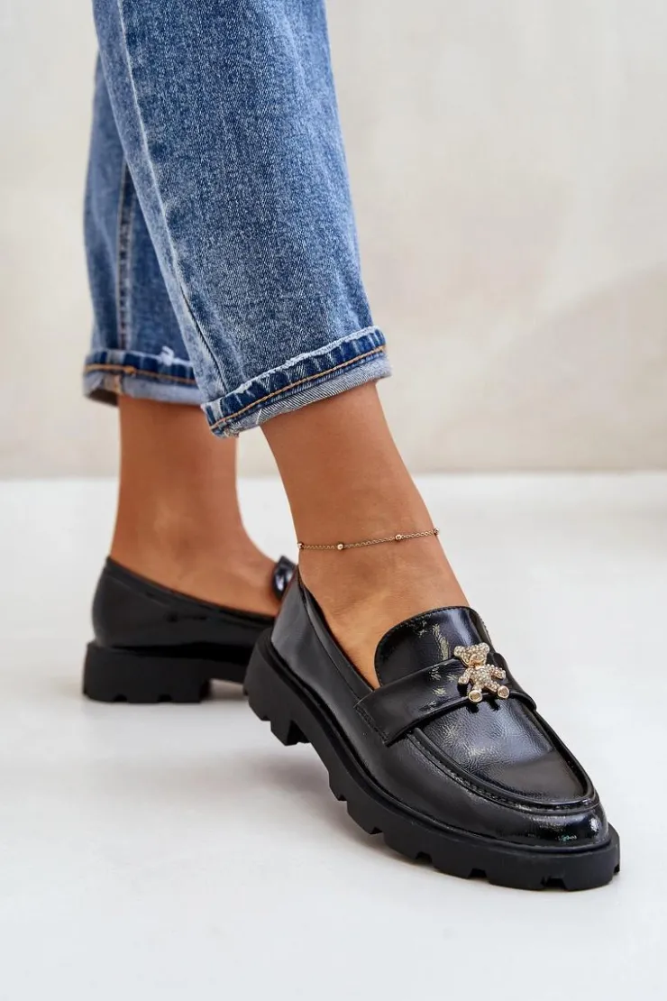 Online Boto Lakierowane Damskie Mokasyny Z Misiem Czarne Kaithra