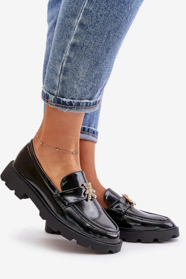 Online Boto Lakierowane Damskie Mokasyny Z Misiem Czarne Kaithra